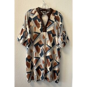 THML Women's Dress Size Small Geometric Faux Leather Neckline Puff Sleeve Artsy
